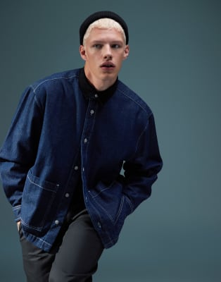 boxy oversized denim shirt with cord collar in indigo wash-Blue