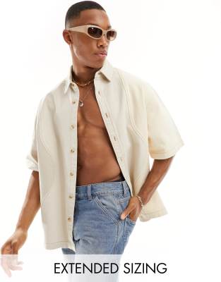 Asos Design Boxy Oversized Denim Shirt With Cut And Sew In Stone-neutral