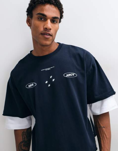 ASOS DESIGN boxy oversized dobbeltlags grafisk polo i navy - view 1