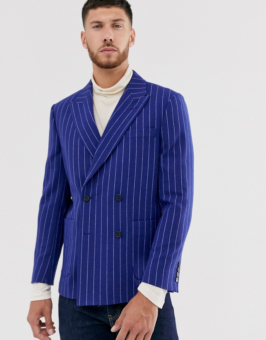 ASOS DESIGN boxy oversized double breasted wool mix blazer with pinstripe in navy