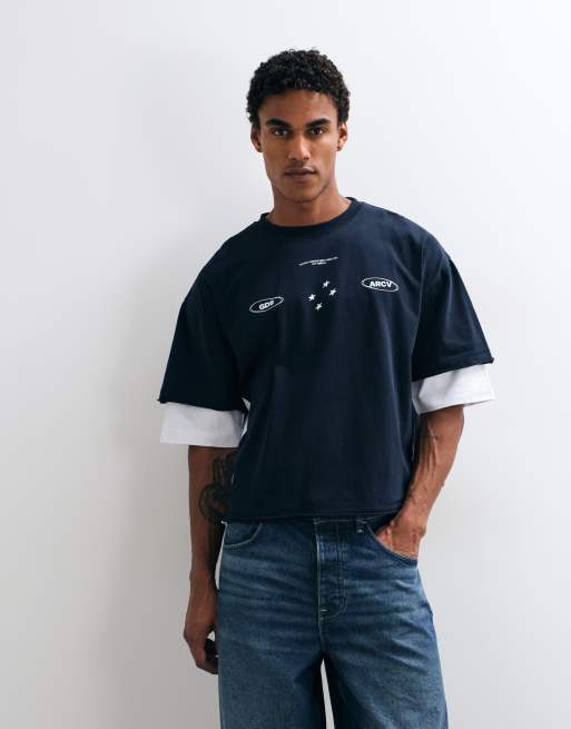 ASOS DESIGN boxy oversized double layer graphic polo in navy, 2 of 5