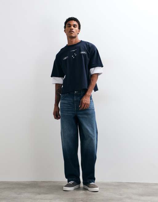 ASOS DESIGN boxy oversized double layer graphic polo in navy, 3 of 5