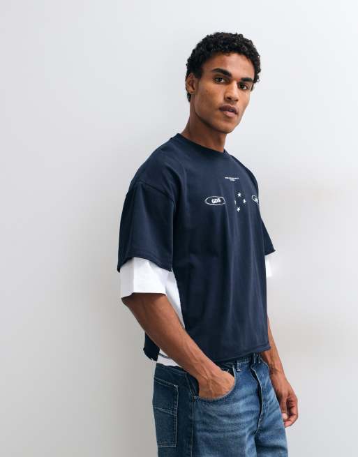 ASOS DESIGN boxy oversized double layer graphic polo in navy, 4 of 5