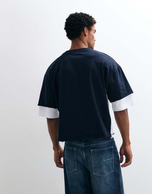 ASOS DESIGN boxy oversized double layer graphic polo in navy, 5 of 5