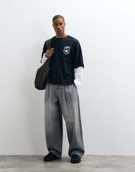 ASOS DESIGN boxy oversized double layer long sleeve t-shirt with street graphic in black, 2 of 5