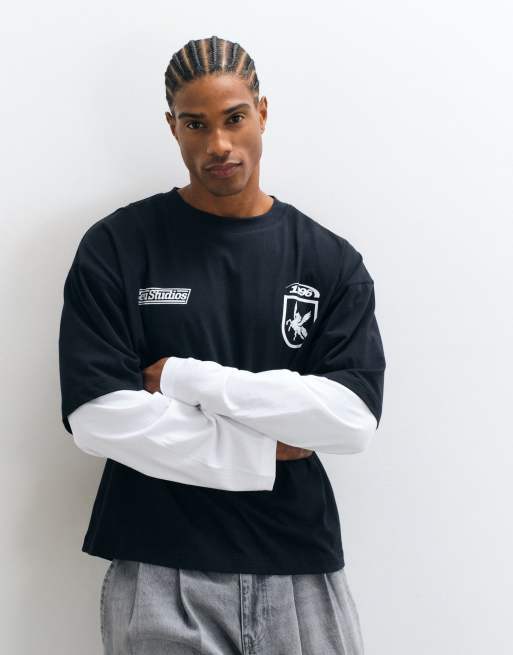 ASOS DESIGN boxy oversized double layer long sleeve t-shirt with street graphic in black, 3 of 5