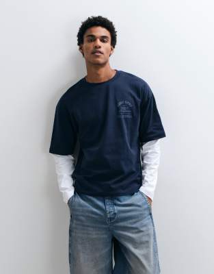 Asos Design Boxy Oversized Double Sleeve T-shirt With Chest Graphic In Navy