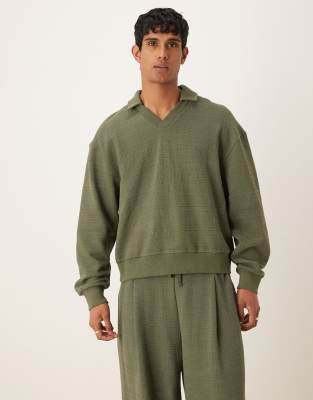 Asos Design Boxy Oversized Dressy Linen Look Polo Sweatshirt