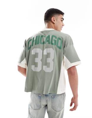 Asos Design Boxy Oversized Drop Shoulder T-shirt With Cut And Sew Paneling And Sports Graphics In Green