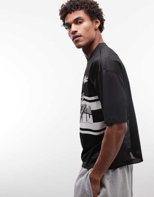 ASOS DESIGN boxy oversized drop shoulder t-shirt with football graphic in black airtex fabric, 4 of 5