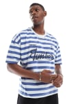 [ASOS DESIGN] ASOS DESIGN boxy oversized dropped shoulder striped t-shirt with back print in blue and white L Coastal fjord