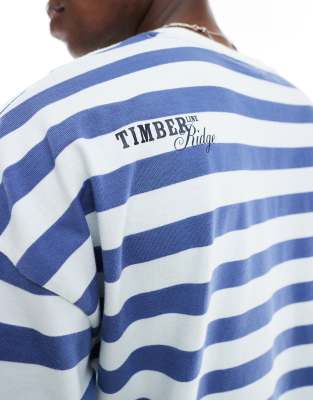Asos Design Boxy Oversized Dropped Shoulder Striped T-shirt With Back Print In Blue