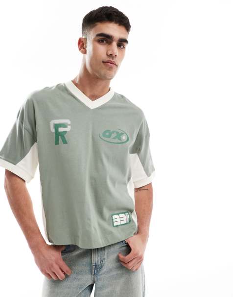 ASOS DESIGN boxy oversized dropped shoulder t-shirt with cut and sew panelling and sports graphics in green - view 1
