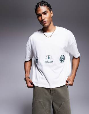 Asos Design Boxy Oversized Dropped Shoulders T-shirt With Varsity Graphics