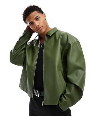 ASOS DESIGN boxy oversized faux leather harrington jacket in green