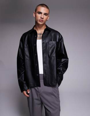 ASOS DESIGN boxy oversized faux leather shirt in black