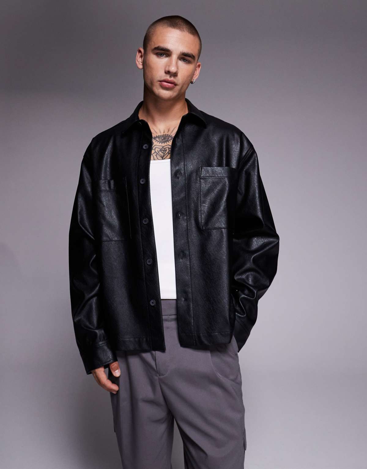ASOS DESIGN boxy oversized faux leather shirt in black