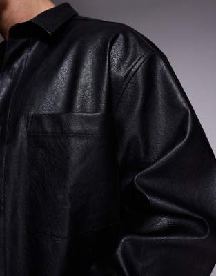 Asos Design Boxy Oversized Faux Leather Shirt In Black