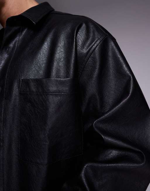 ASOS DESIGN boxy oversized faux leather shirt in black