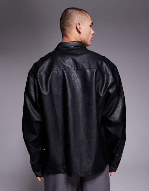 ASOS DESIGN boxy oversized faux leather shirt in black