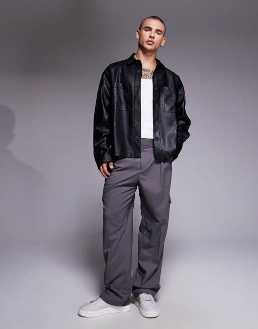 ASOS DESIGN boxy oversized faux leather shirt in black
