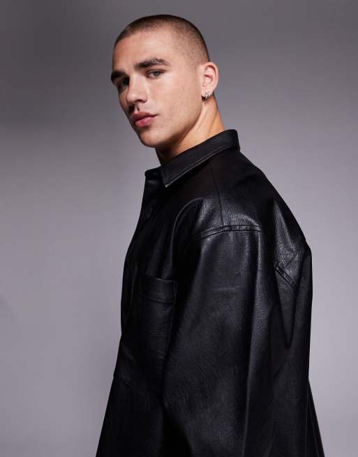 ASOS DESIGN boxy oversized faux leather shirt in black