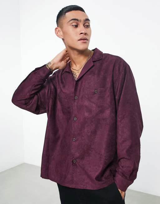 Asos Design Boxy Oversized Faux Suede Shirt With Revere Collar In Burgundy Asos 2814