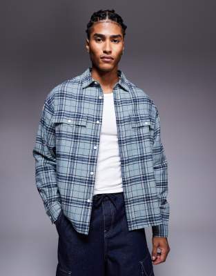 ASOS DESIGN boxy oversized flannel check shirt in blue | ASOS