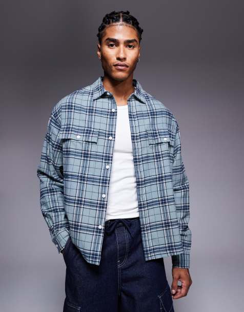 ASOS DESIGN boxy oversized flannel check shirt in blue - view 1