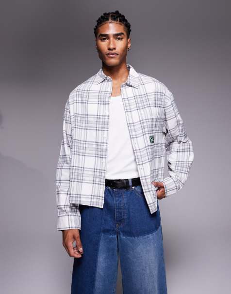ASOS DESIGN boxy oversized flannel check shirt in white - view 1