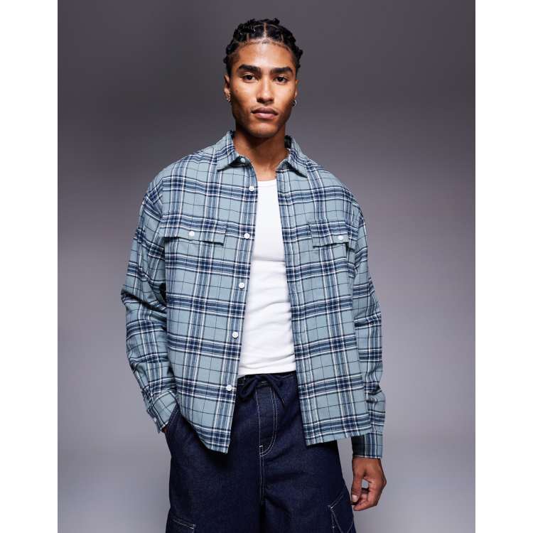 ASOS DESIGN boxy oversized flannel plaid shirt in blue | ASOS