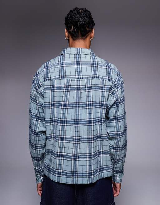 ASOS DESIGN boxy oversized flannel plaid shirt in blue ASOS