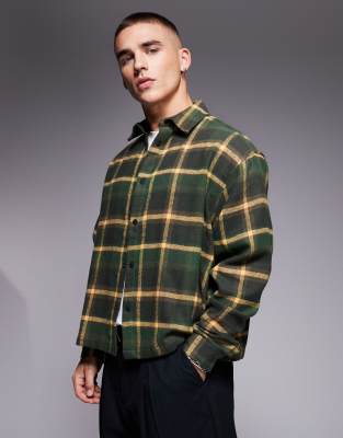 boxy oversized flannel shirt in green herringbone check