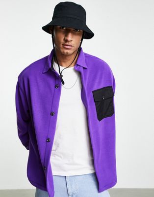 ASOS DESIGN boxy oversized fleece shirt with contrast pocket in purple - ASOS Price Checker