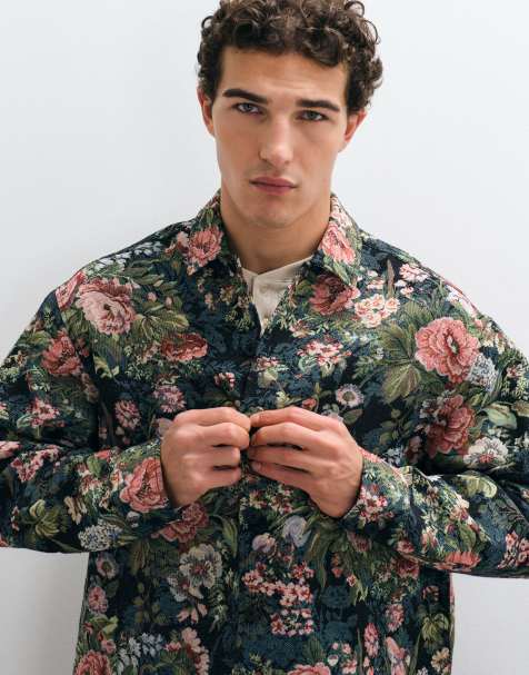 ASOS DESIGN boxy oversized floral jacquard shirt in black - view 1