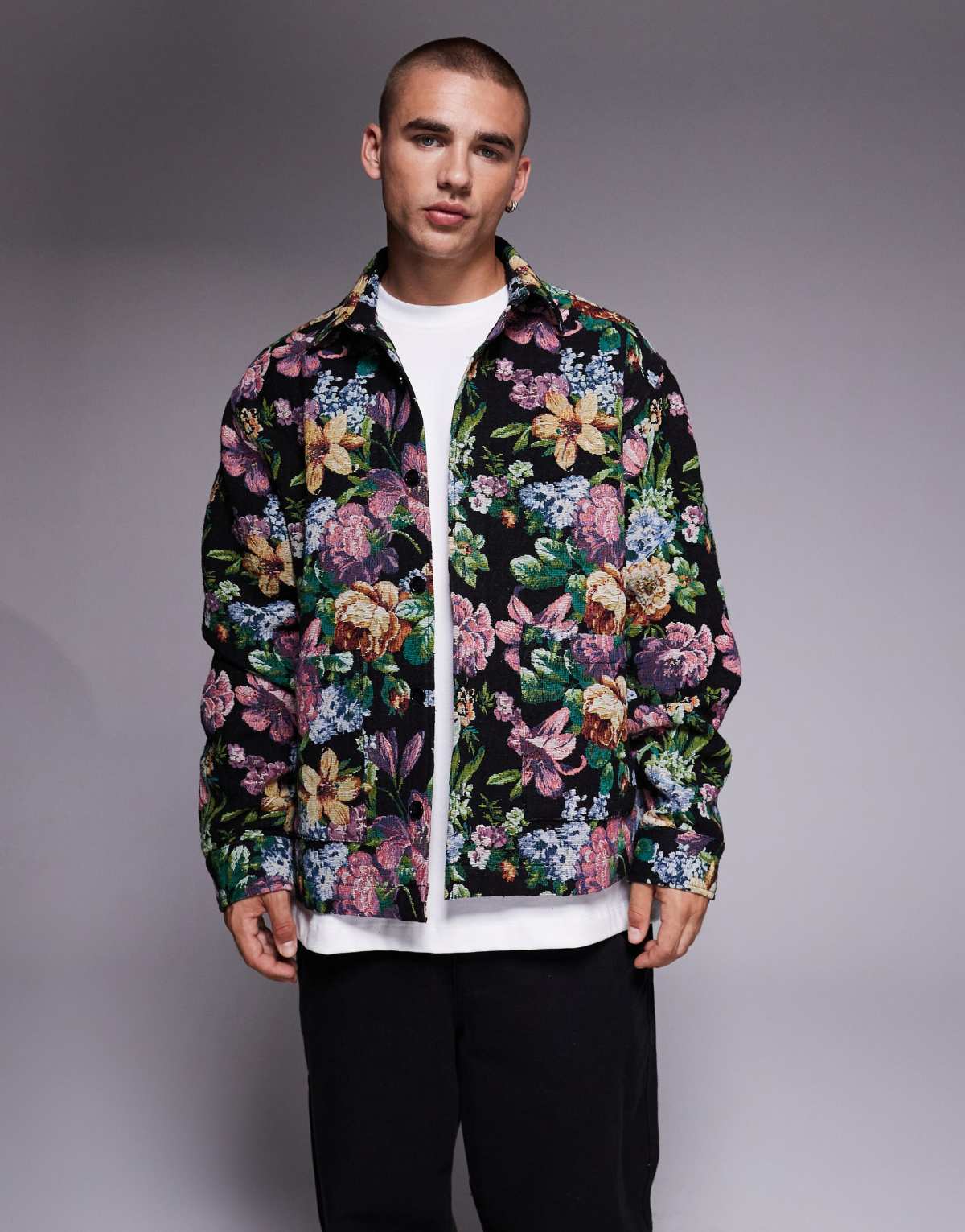 ASOS DESIGN boxy oversized floral tapestry shirt in black
