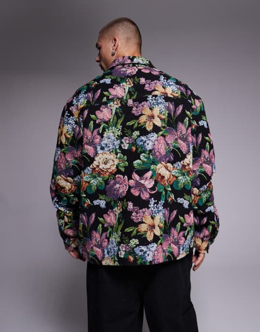ASOS DESIGN boxy oversized floral tapestry shirt in black, 3 of 5