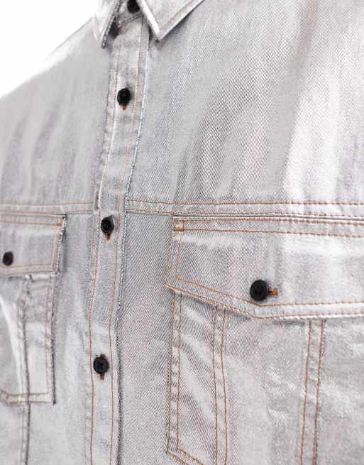ASOS DESIGN boxy oversized foil denim shirt in silver (part of a set), 4 of 4