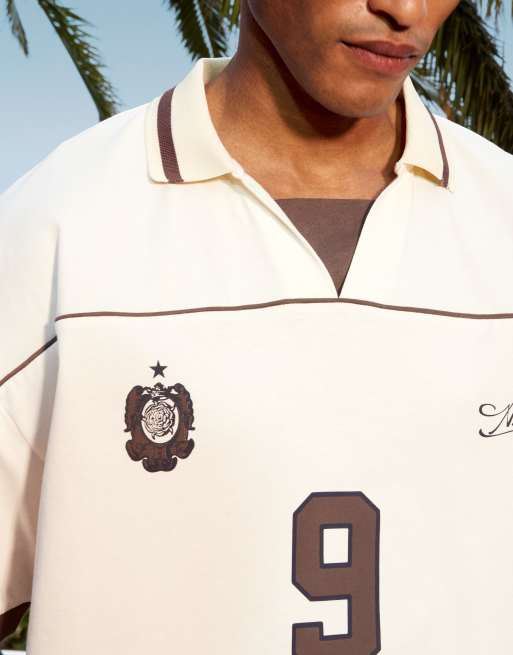 ASOS DESIGN boxy oversized football polo with piping detail in cream , 3 of 4