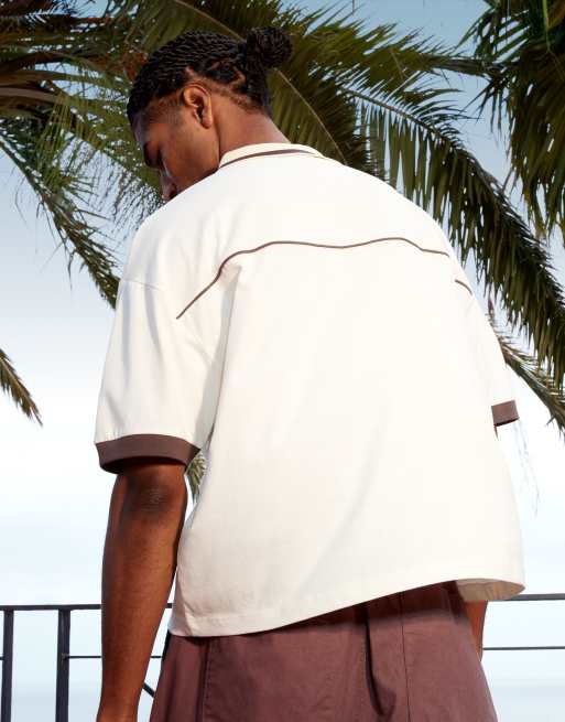 ASOS DESIGN boxy oversized football polo with piping detail in cream , 4 of 4