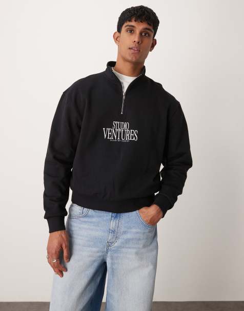 ASOS DESIGN boxy oversized funnel neck sweatshirt with chest print in black - view 1