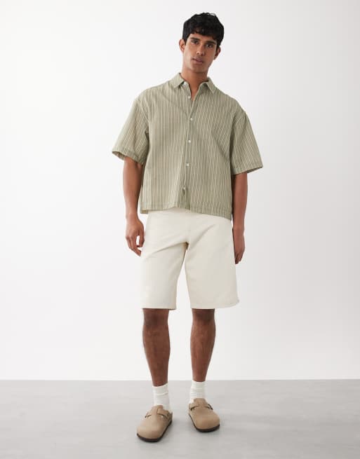 ASOS DESIGN boxy oversized gestreept overhemd in kaki, 2 van 5