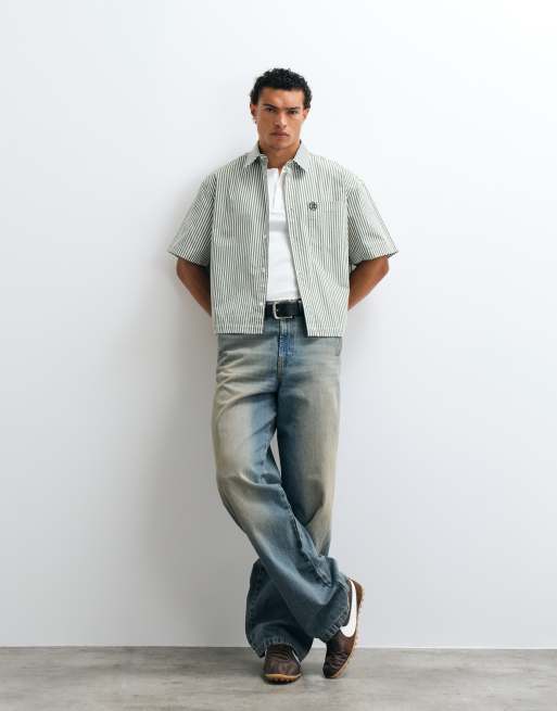 ASOS DESIGN boxy oversized gestreept overhemd met borduursel in groen, 2 van 5