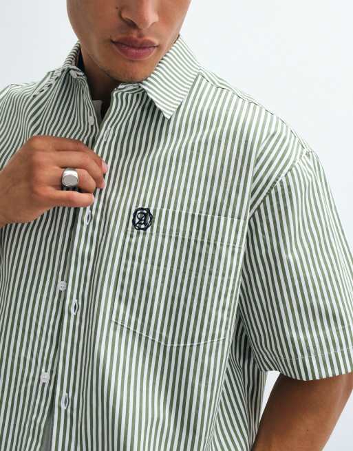 ASOS DESIGN boxy oversized gestreept overhemd met borduursel in groen, 4 van 5