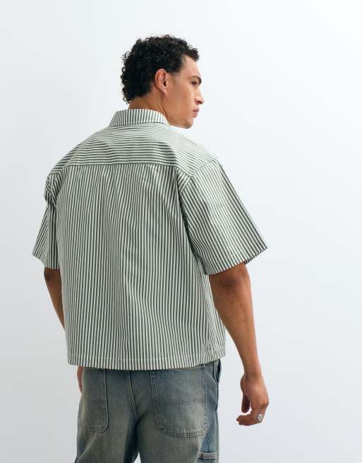 ASOS DESIGN boxy oversized gestreept overhemd met borduursel in groen, 5 van 5