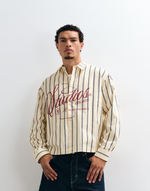 ASOS DESIGN boxy oversized gestreept overhemd met grafische print aan de voorkant in geel, 3 van 5