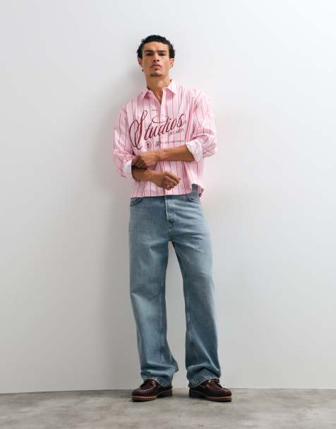 ASOS DESIGN boxy oversized gestreept overhemd met graphic op de voorkant in roze - view 1