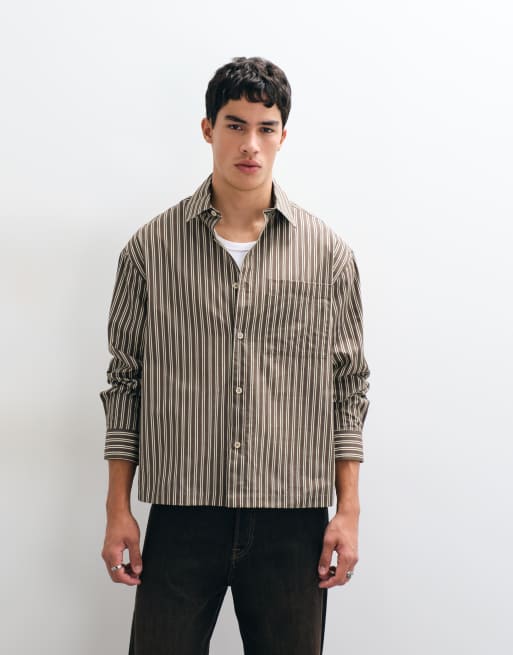 ASOS DESIGN boxy oversized gestreept poplin overhemd in bruin, 2 van 5