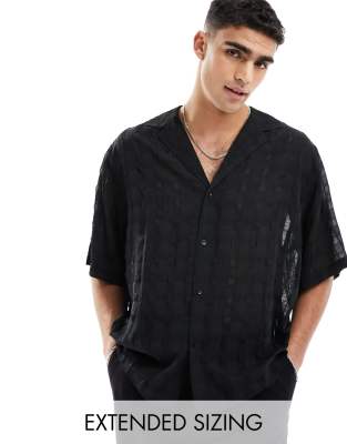 Asos Design Boxy Oversized Half Sleeve Low Camp Collar Shirt In Seer Sucker Cotton In Black In Black