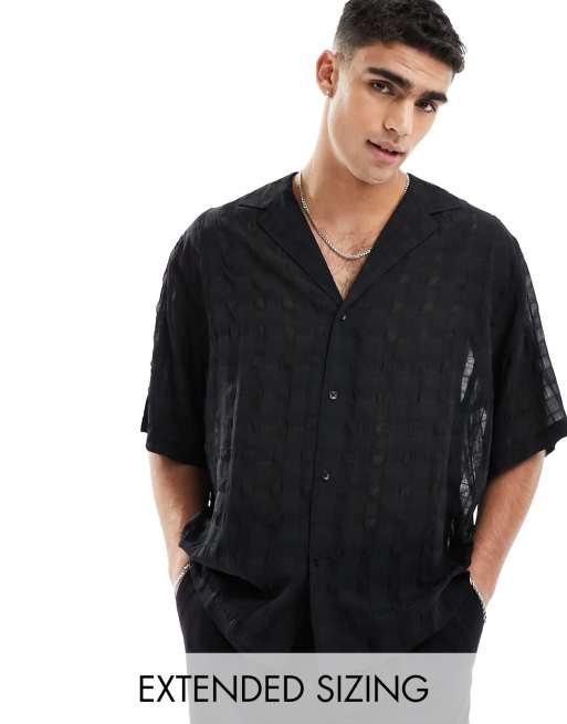  ASOS DESIGN boxy oversized half sleeve low revere shirt in seer sucker cotton in black